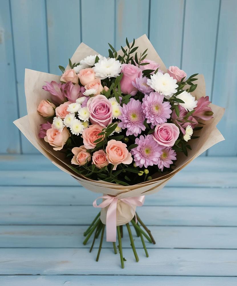 Букет цветов из: Хризантемы, Розы и Альстромерии в Ульяновке
