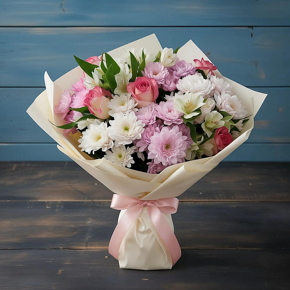 Букет цветов из: Хризантемы, Альстромерии и Розы в Ульяновке